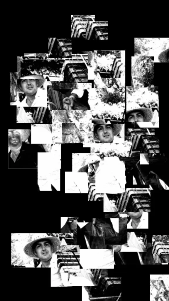 Fragmented black-and-white portrait of two men in straw hats at Noche del Vino